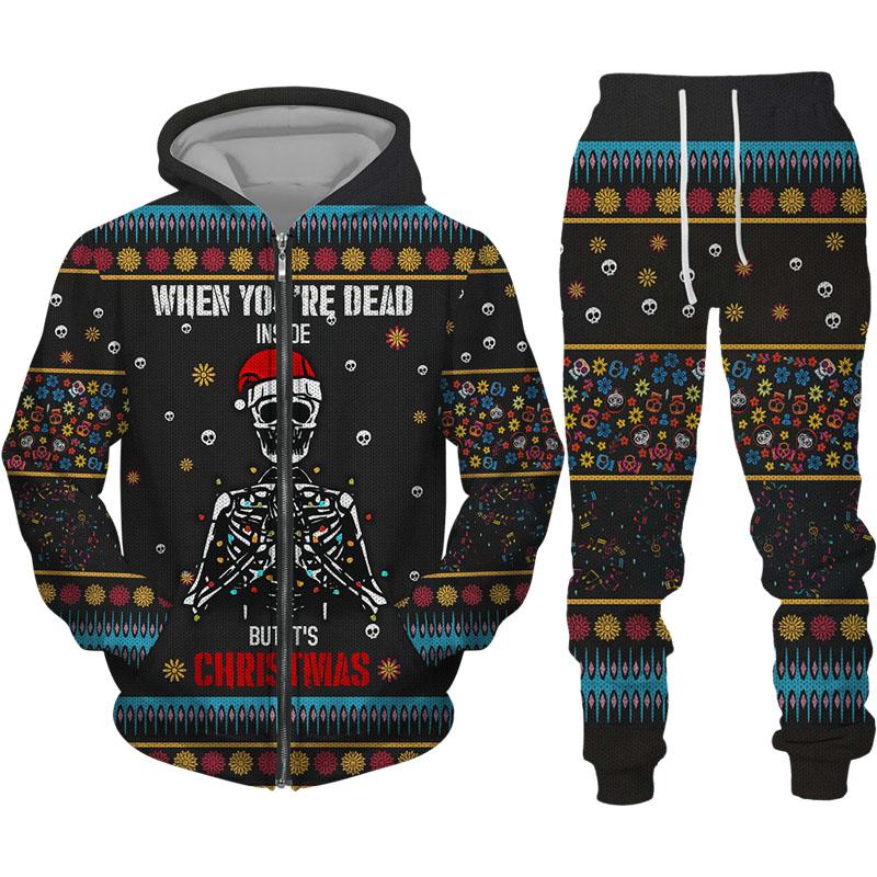 Moda Crăciun Craniu Imprimare Hanorace/Pantaloni/Set pentru bărbați cu fermoar Model de tip boutique Jachetă subțire cu glugă Costum cuplu Îmbrăcăminte de stradă