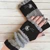 Gants en tricot sans doigts avec broderie de chat et patchwork, Gants décontractés ouverts aux doigts tendance pour femme, Mitaines chaudes d'hiver sans doigts