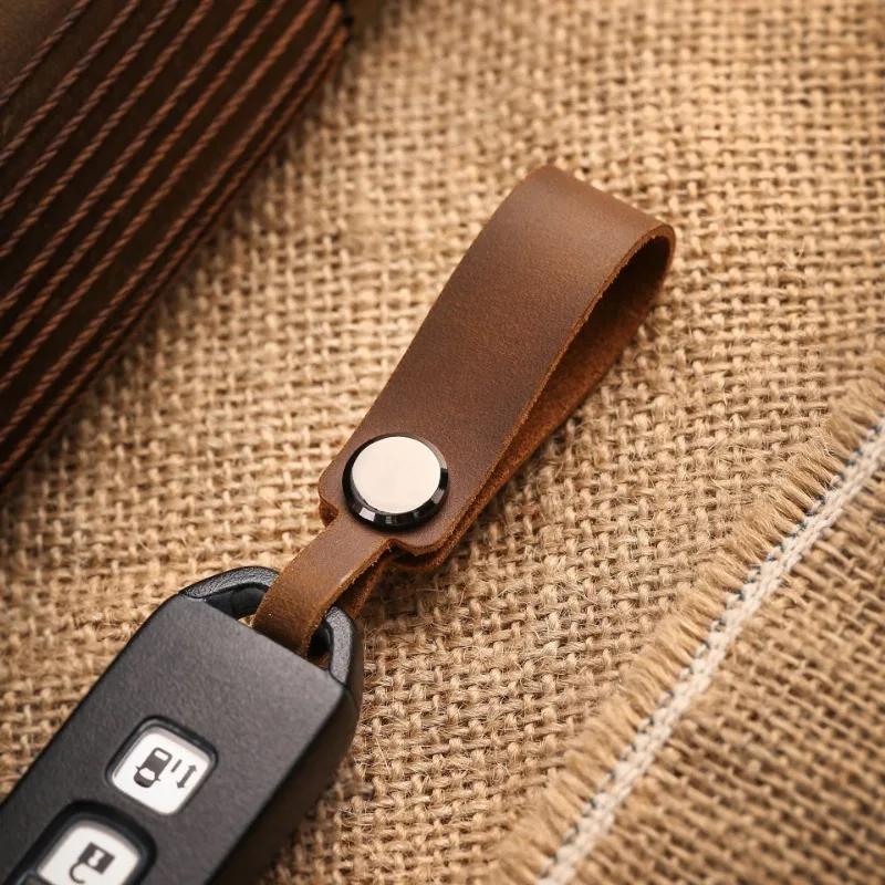 Laser Custom LOGO Crazy Horse Genuine Leather Keychain Vintage Car Keyring Personalize Engrave Name Key Chain Holder Men Women