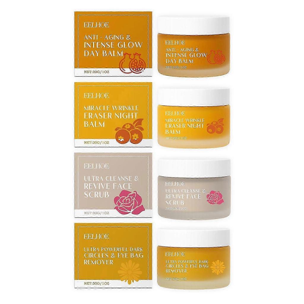 Organic Mature Women Skin Care Set - Rose Revive Face Scrub, Anti-Aging & Intense Glow Day Balm, Anti-wrinkle Night Balm, Dark Circles & Eye Bag