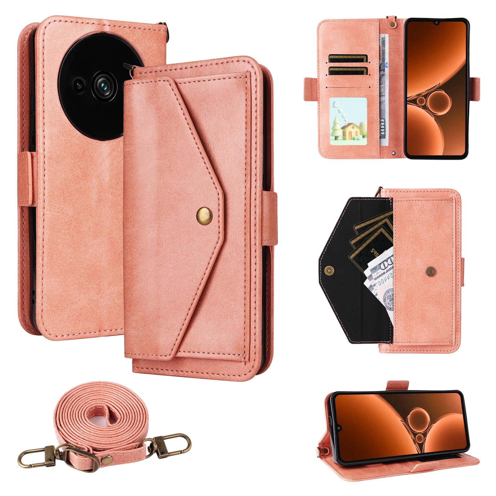 

For Oukitel C59 Pro Leather Case Magnetic Closure Wallet Stand Phone Cover with Crossbody Strap Pink