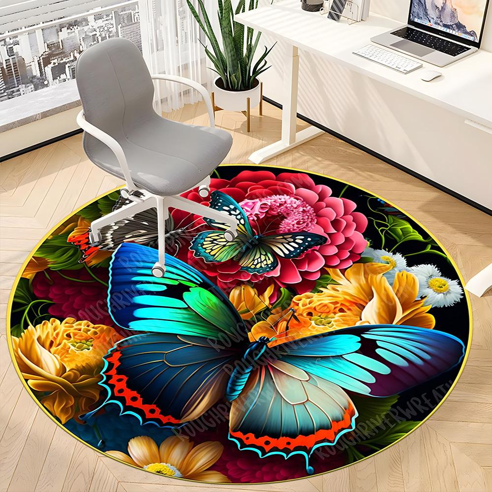 1pc Butterfly Garden Decor Chair Carpet for Office, Round Polyester Mat, Indoor Decor for Office, Easycare Fabric, Washable Non-slip Area Carpet