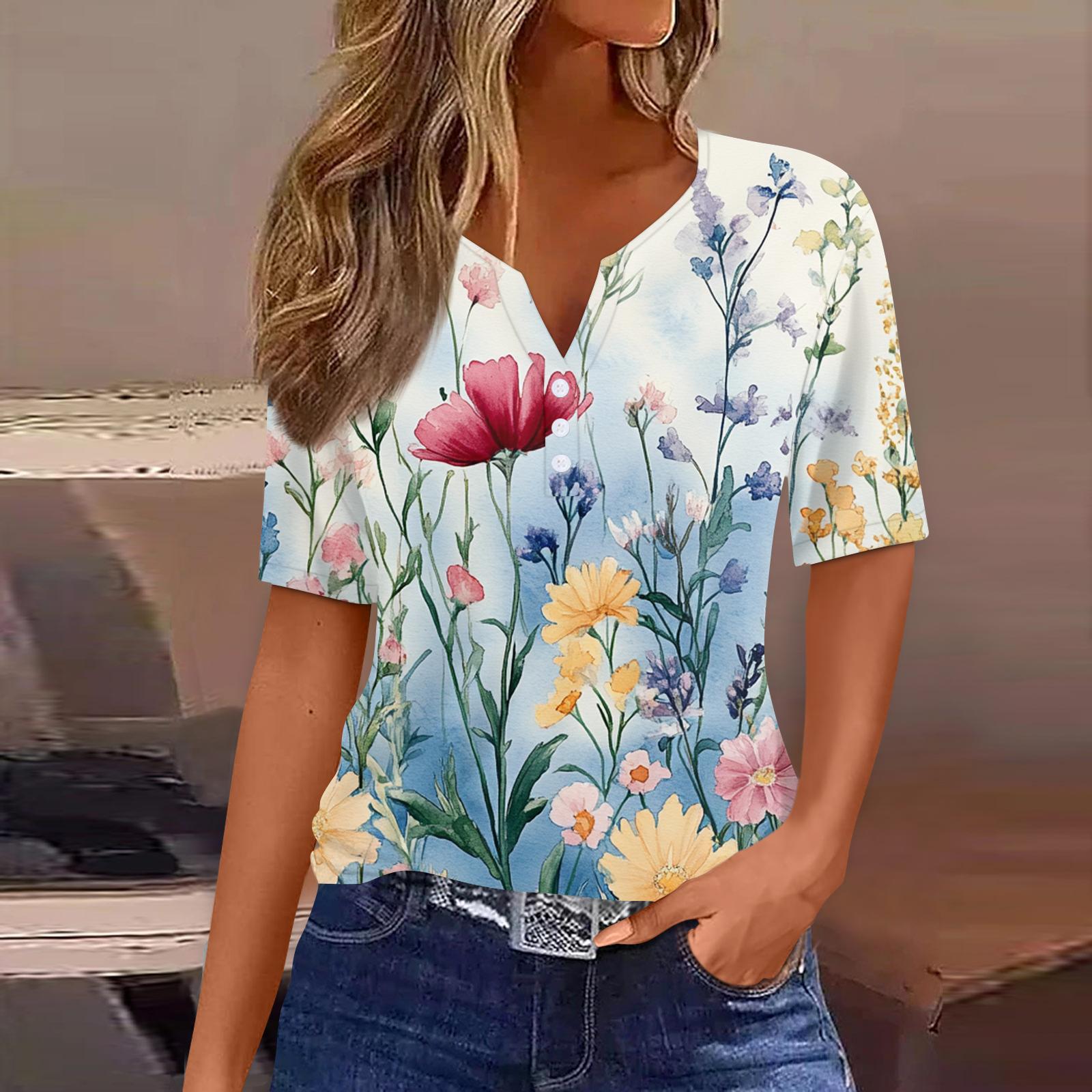 

Жен. Футболка С принтом Пуговицы С короткими рукавами Повседневные Выходные Мода Классический Классический V-образный вырез Обычный Топ XXL