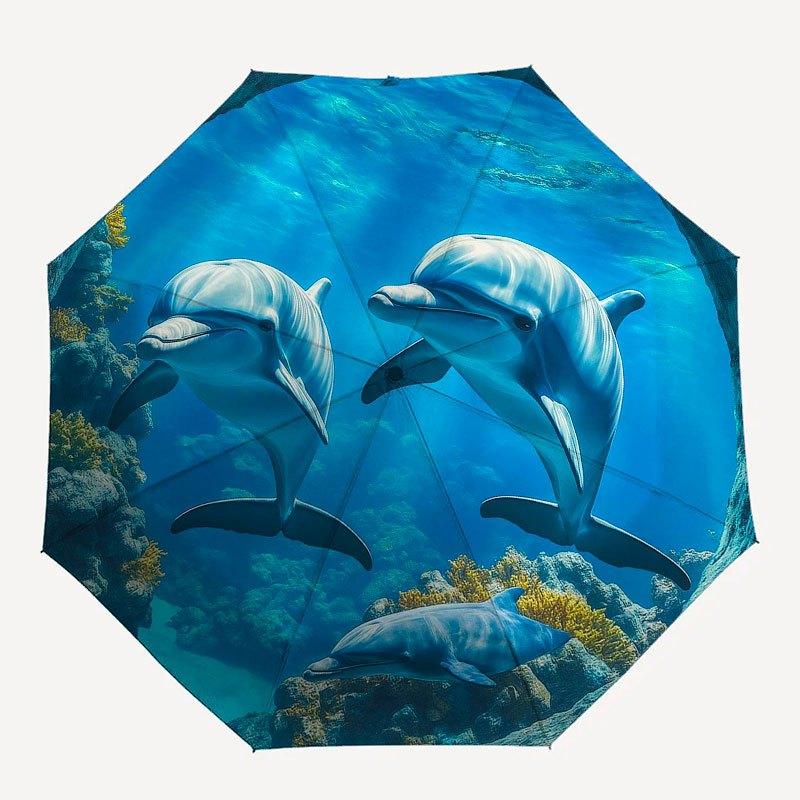 Unterwasserabenteuer: Delfin Paradies Wandaufkleber Regenschirm, Tragbarer 3-fach Kompakt-Regenschirm für Damen & Herren R125