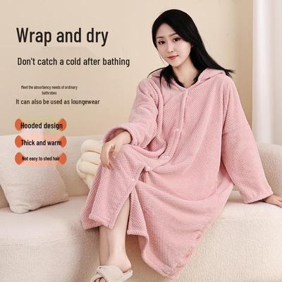 Roupão de Banho com Capuz Estilo Roupão Feminino, Vestível e Envolvente, Manga Longa para Outono/Inverno, Ultra-Absorvente, Espessado para Proteção contra o Frio, Uso Doméstico.