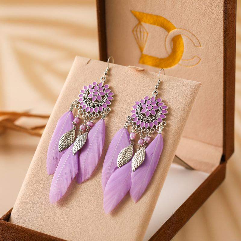 Bohemian Vintage Flower Hollow Geometric Feather Long Earrrings For Women Boho Handmade Bead Leaf Tassel Wedding Jewelry Earings
