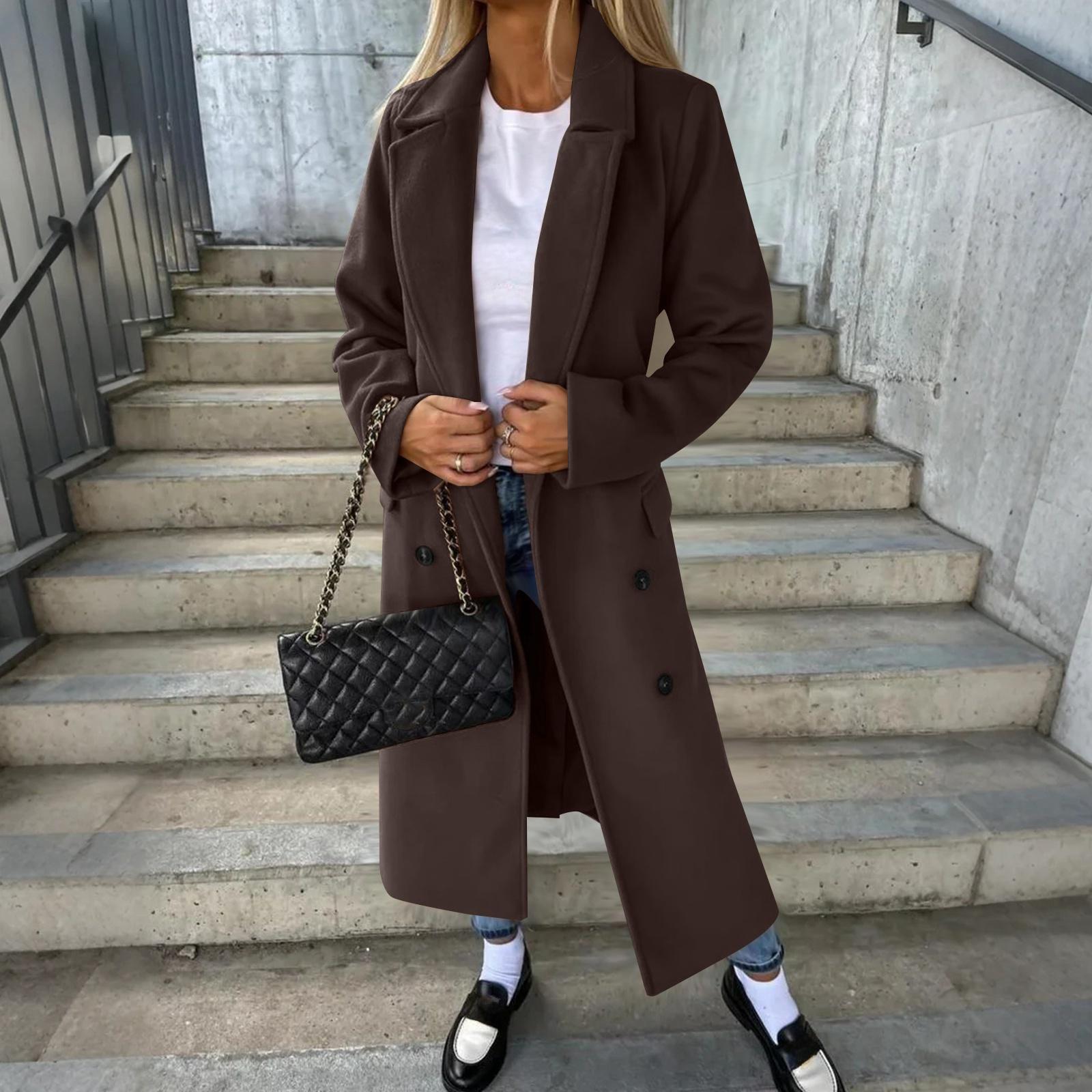 

Женское модное повседневное шерстяное однотонное длинное пальто S кофейный