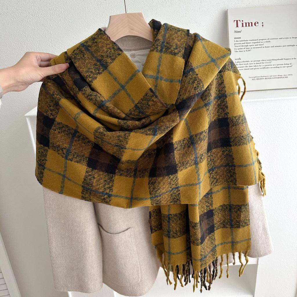 New Winter Retro Plaid Scarf for Girls Versatile Thickened and Warm Long Shawl Dual Purpose Double-sided Couple Scarf