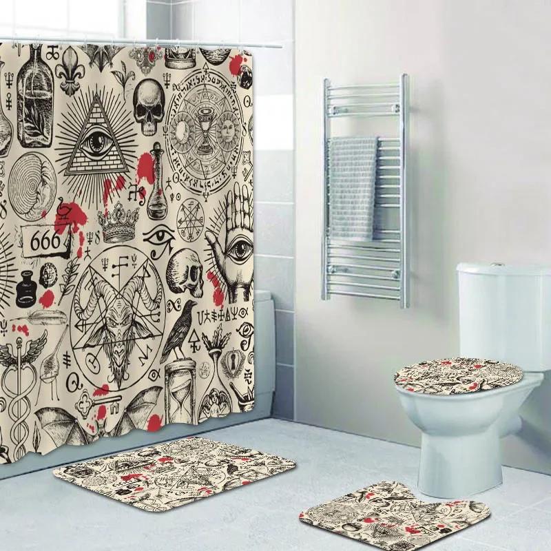 

Spooky Pentagram Demon Satanic Goat Head Shower Curtain Set Rug Retro Black Magic Skull Tattoo Bath Curtains Mats Bathroom W60H190(CM)-1 Pcs