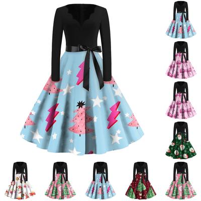 Women's Casual Fashion V Neck Long Sleeve Christmas Printed Vintage Long Dress