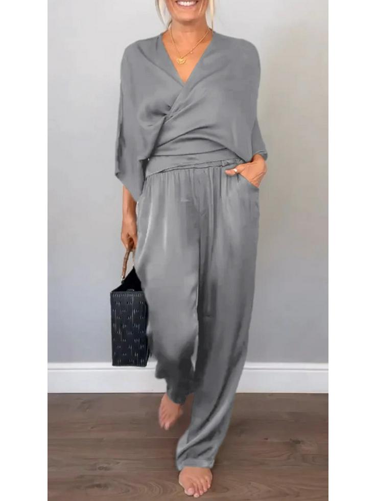 European and American Solid Color Satin Women's Summer Short-Sleeve Top & Pants Set (2025)