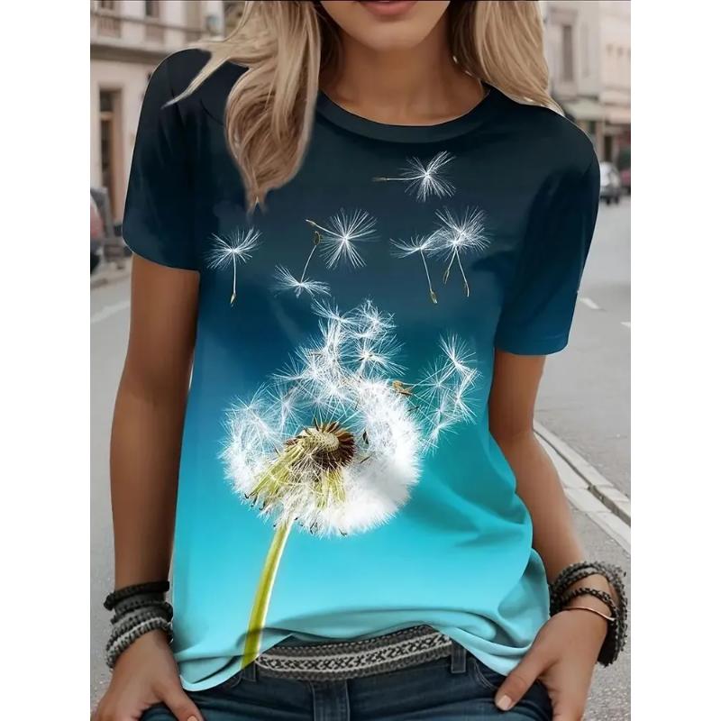 Dandelion Short Sleeve Fashion Women's Crew Neck T-Shirt 3D Dandelion Color Printing Crew Neck Short Sleeve