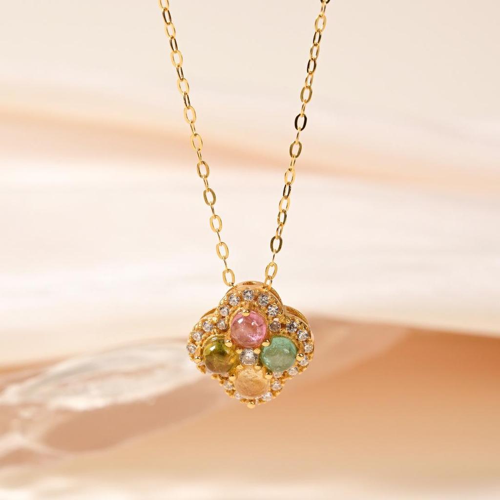 Natural Tourmaline S925 Sterling Silver Heart Clover Pendant Necklace for Women
