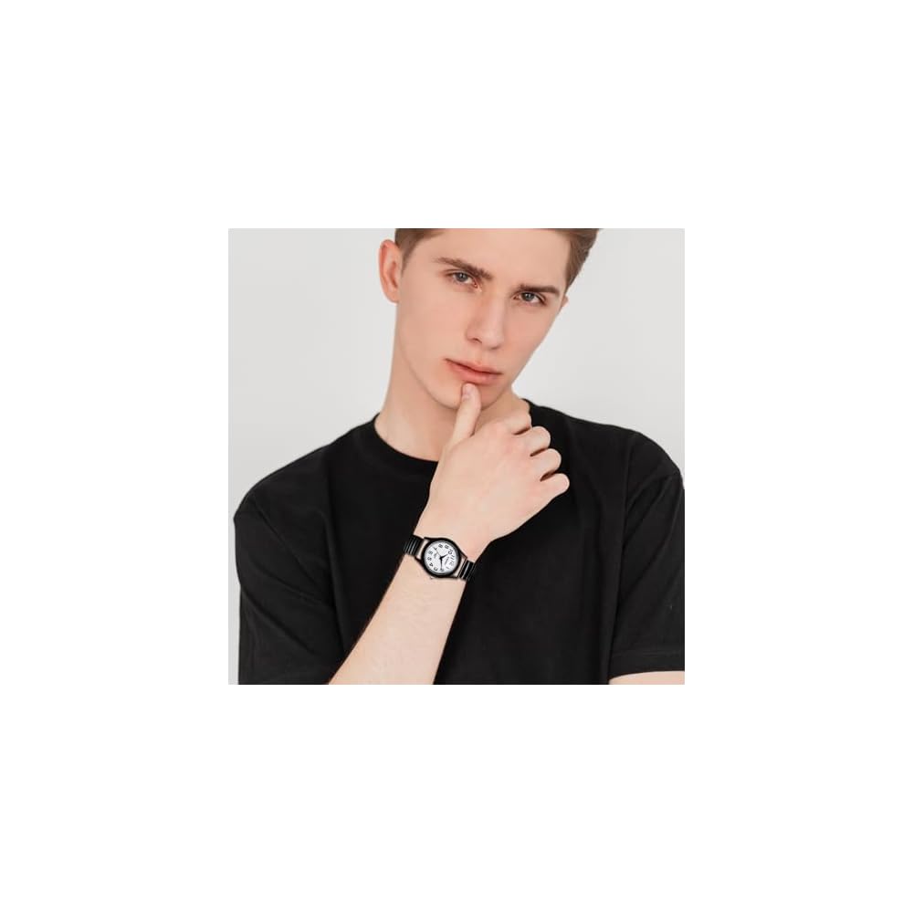 Steel Men's Watch Waterproof Elastic Band Clear Dial Simple Design Black Arabic Numbers Quartz Timepiece