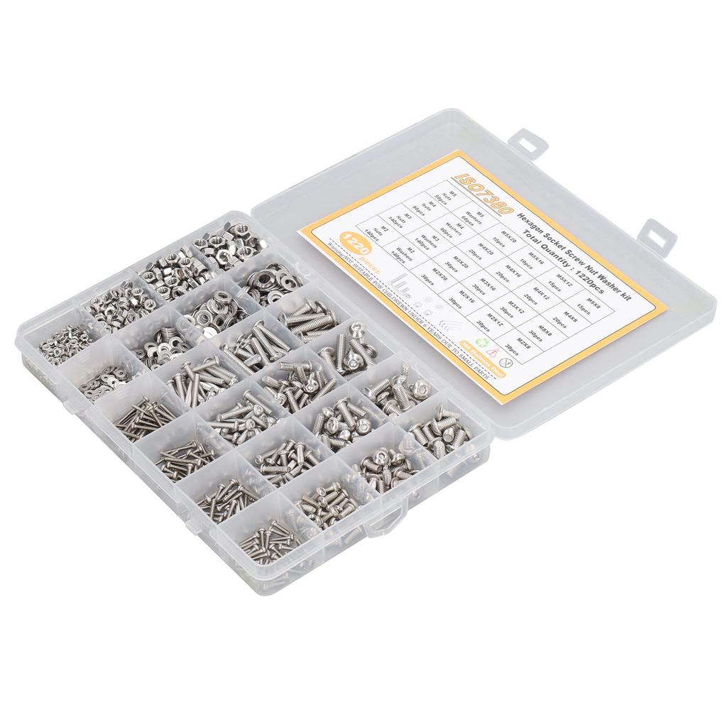 1220 Bucăți Kit Șuruburi cu Cap Hexagonal din Oțel Inoxidabil 304, Piulițe, Saibe, Rezistență Puternică la Uzură M2 M3 M4 M5