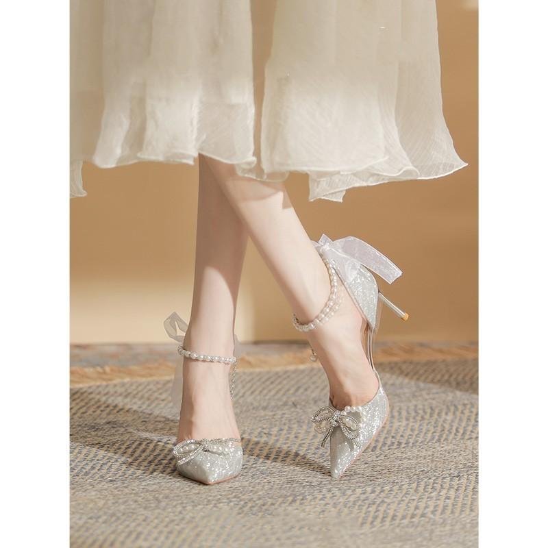 Elegant Bridal High Heels With Faux Pearl Embellishments For Wedding And Formal Events