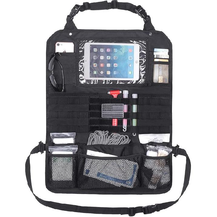 Tactical Car Seat Back Organizer Set Upgraded Tactical Molle Seatback Cover Protector Universal Fit Vehicles Truck MPV Pickup (Black with 2 Pouches)