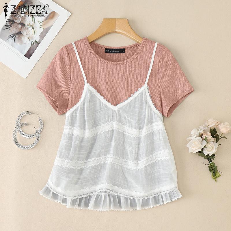 ZANZEA Women Summer Round Neck Patchwork Short Sleeve T-Shirts