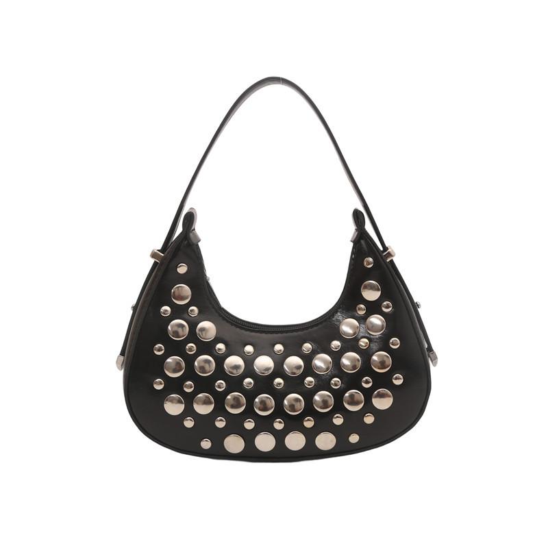 

Crescent Pu Leather Bag High Quality Rivet Hobo Shoulder Bag Mini Handbag Adjustable Punk Bag For Dates Shopping Daily Use чёрный