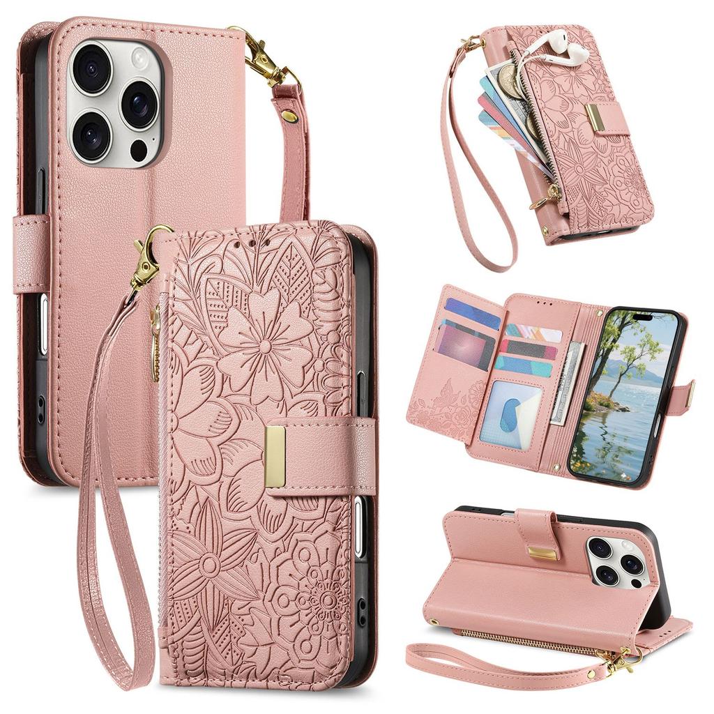 Floral Embossed Leather Wallet Flip Case for OPPO A6 A6X A6T A6S A6C A5 A5X A3 A3X A1 Pro 4G 5G Card Slots and Wrist Strap Cover