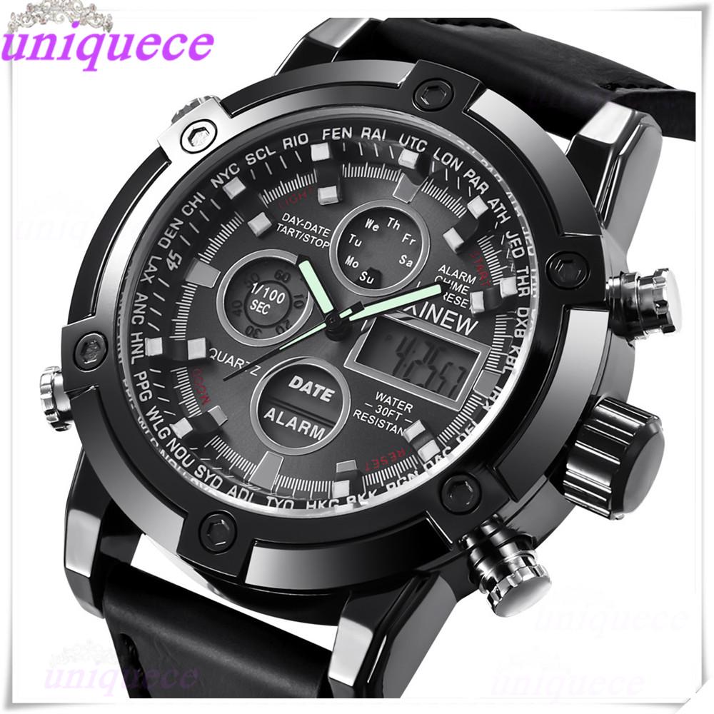 Buy Digital LED Sport Wrist Watch Luxury Dual Movt Men's Leather Quarz