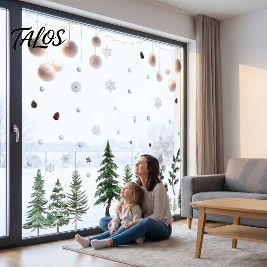 Moisture Proof Wall Decals Christmas Tree Window Clings, Green Pine Trees Snowflake Decals, Winter Interior Design Accents Reusable PVC Static