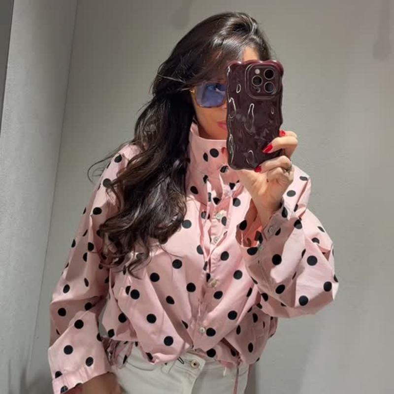 Women Polka Dot Jacket Vintage Stand Collar Cropped Jackets Zip Up Coat Casual Fashion Coat Fall Spring Jacket with Pockets