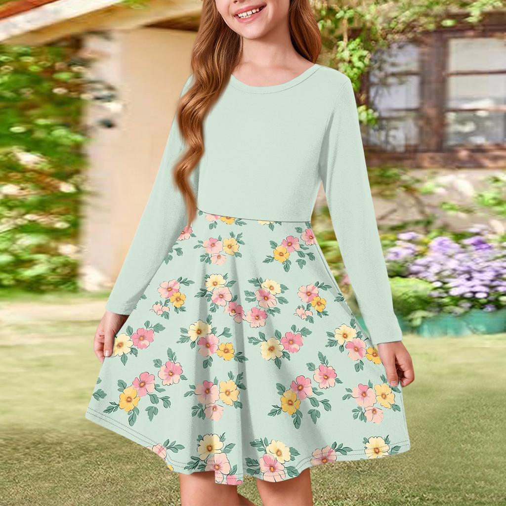 Girls' Summer Princess Dress - Long Sleeve A-Line T-Shirt Dress