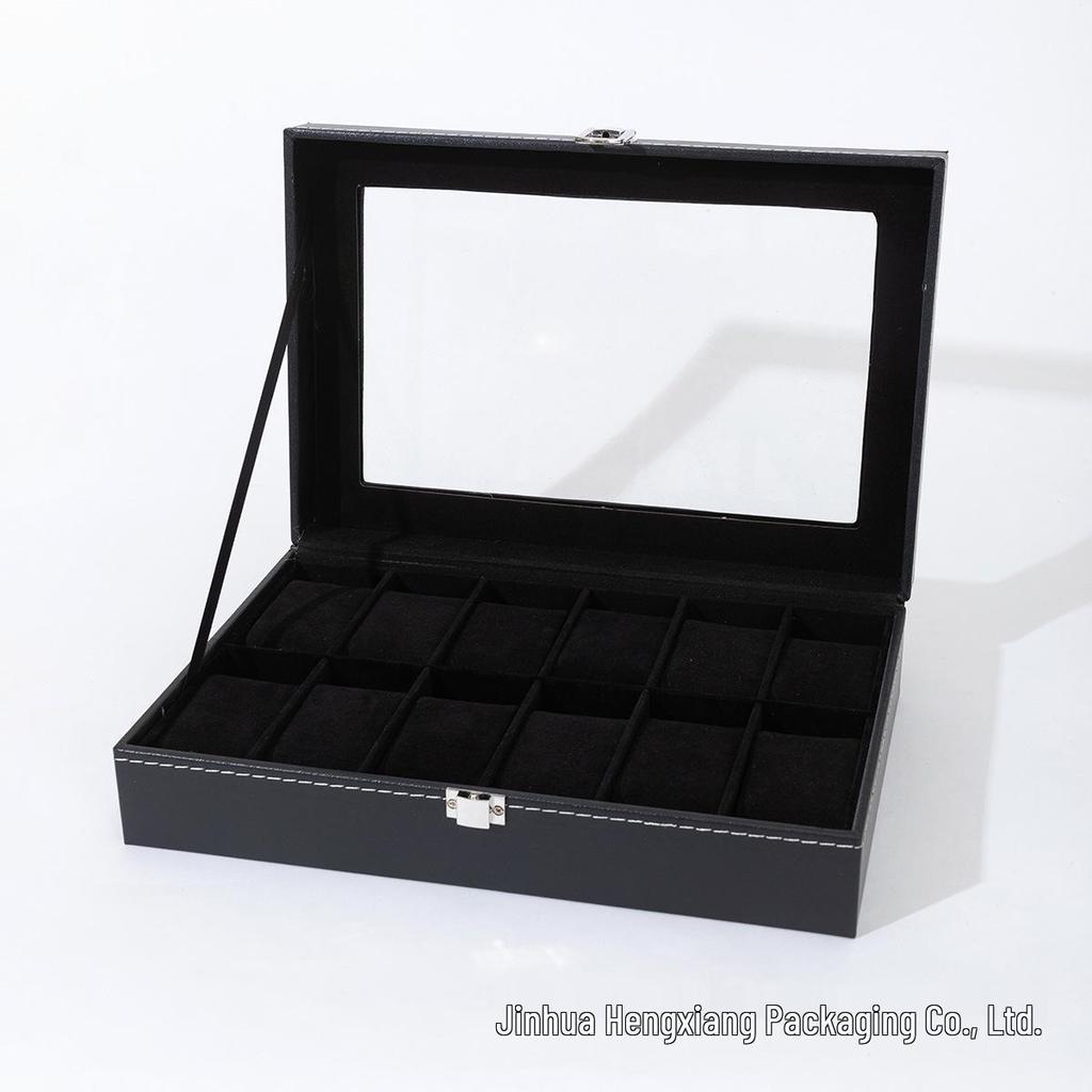 Schwarze Leder-Uhrenaufbewahrungsbox mit 12 Fächern und Perforationsmuster