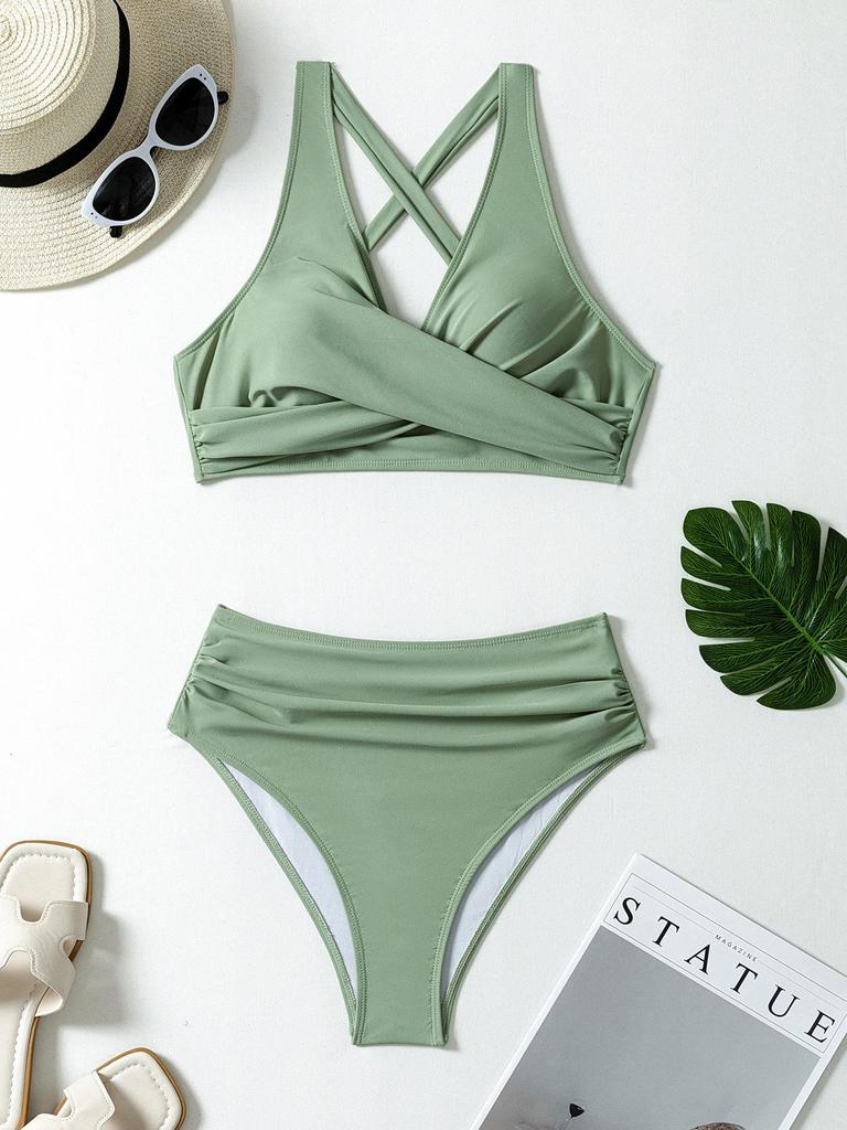 2026 Stylish European & American Solid Color High-Waisted Bikini Swimsuit