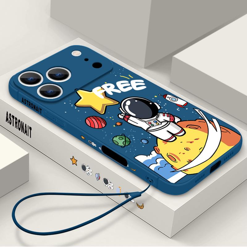 Cartoon Astronaut Pattern Lanyard Case For iPhone 17 Pro Max Funda iPhone 16 15 14 13 Pro Max 11 16E 17E Soft Silicone Cover