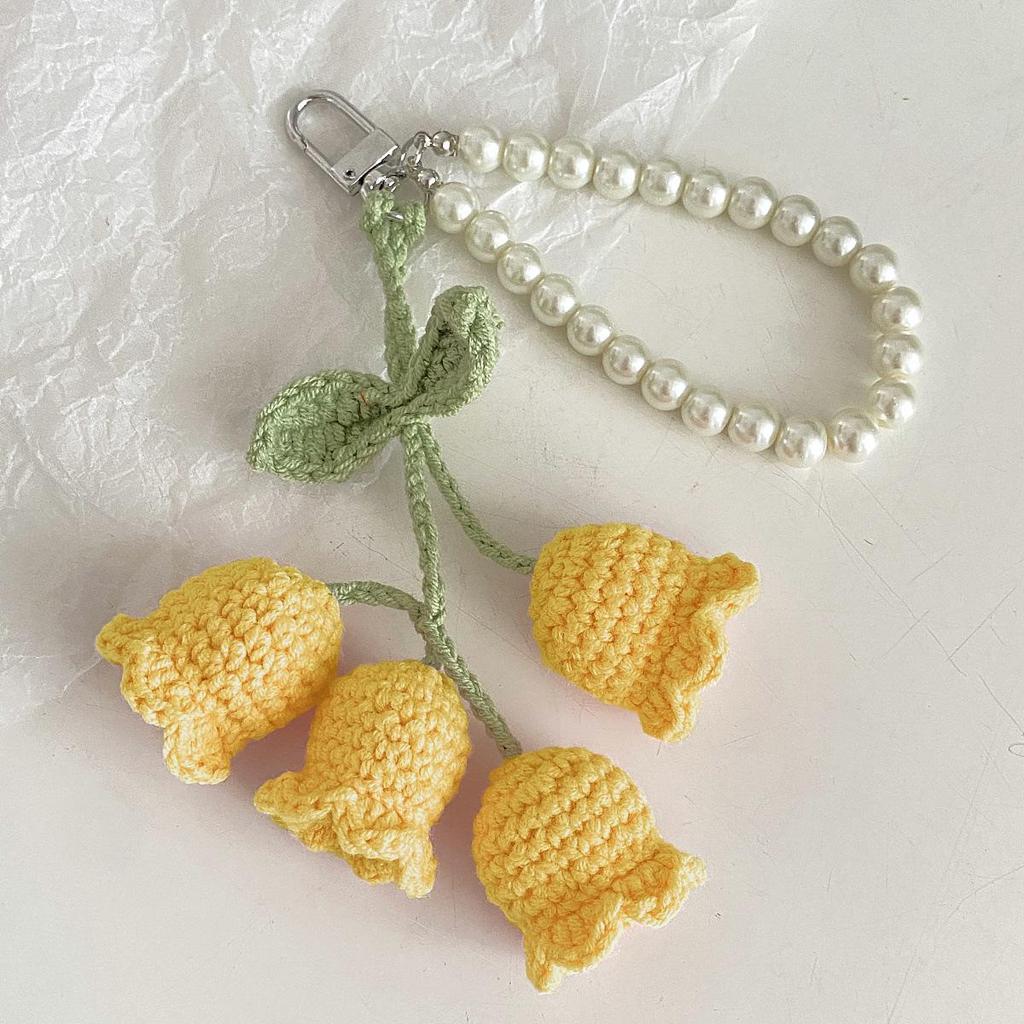 Korean Style Cute Girl Pearl Chain Lily of the Valley Crochet Knit Keychain with Decorative Buckle