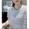 Summer Round Neck Knitted T-shirt Striped Hollow Ice Silk Knitted Short Sleeved T-shirt for Women
