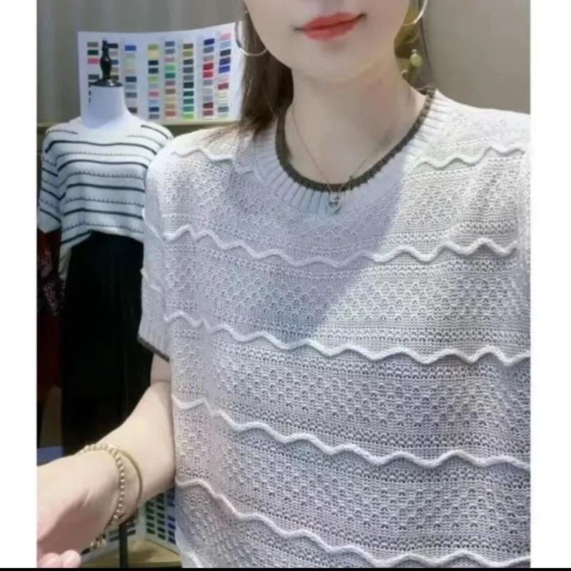 Summer Round Neck Knitted T-shirt Striped Hollow Ice Silk Knitted Short Sleeved T-shirt for Women