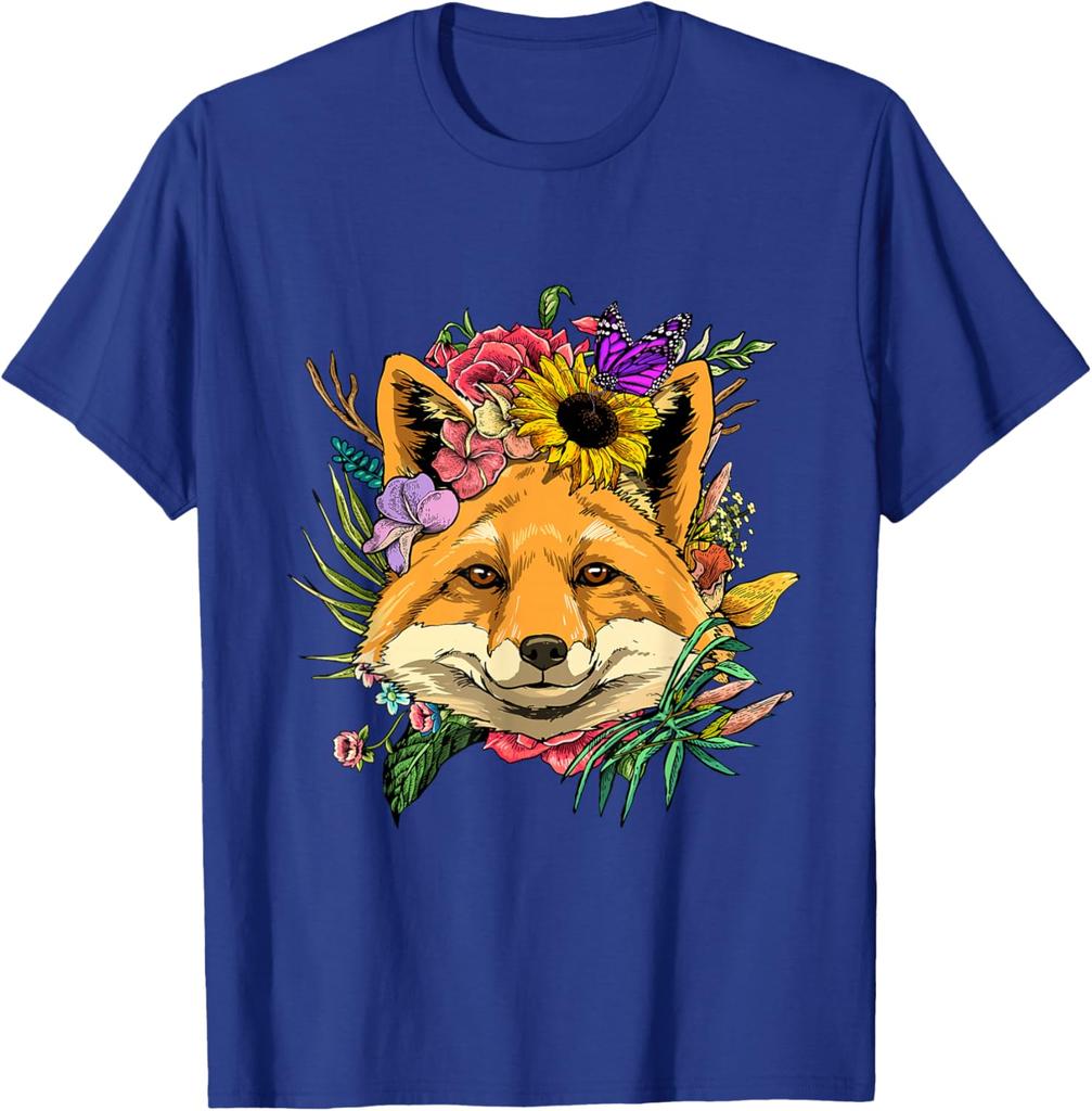 Floraler Fuchs Kopf Cottagecore Ästhetik T-Shirt Niedliches Tierliebhaber Grafik T-Shirt Frühling Herbst