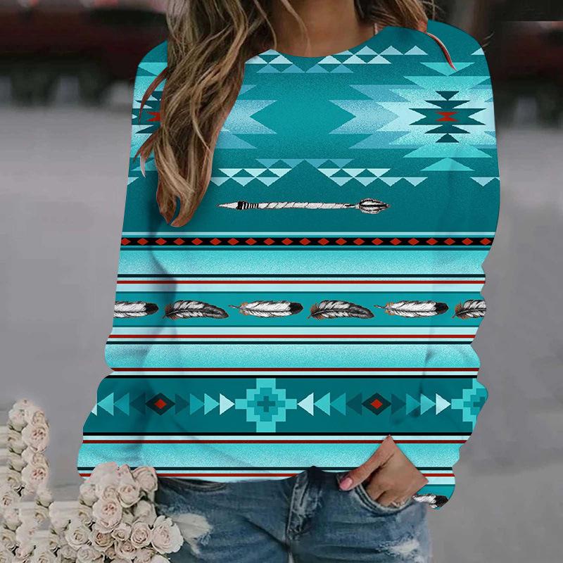 Spring and Autumn Round Neck 3D Ethnic Style Printed Top Fashionable Casual Long Sleeved Women's T-shirts