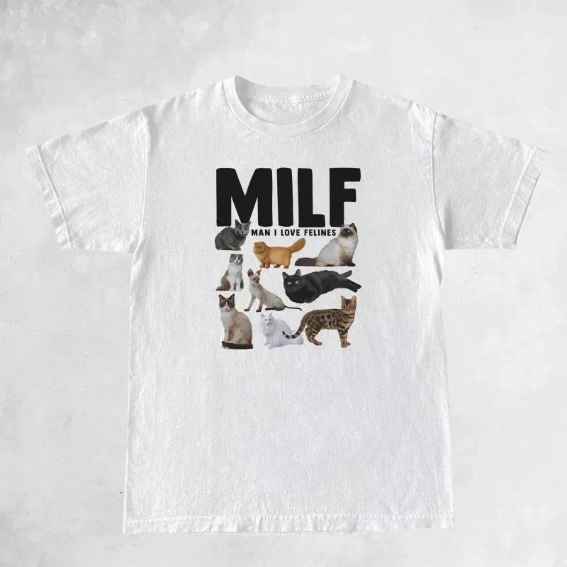 Смешная футболка для мамы кошки Милые графические футболки MILF Man I Love Felines Женская футболка Повседневная с коротким рукавом Любитель кошек Хлопковая футболка Топы 4XL