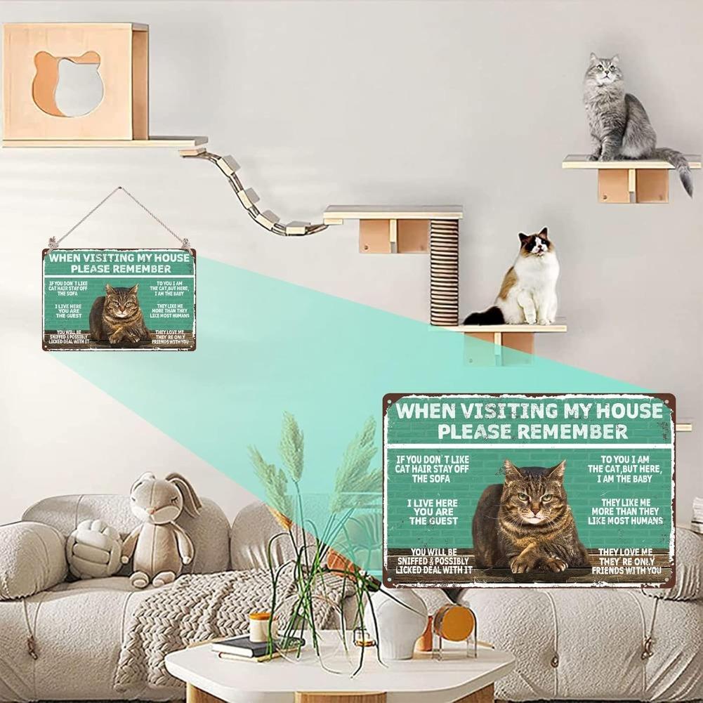 1pc 8x12 Inch Vintage Pewter Metal Sign - "When Visiting My Home" Cat-Themed Decor Extra Thick Tinplate Wall Art