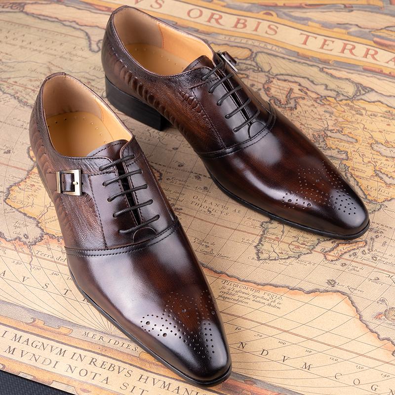 Fashion Luxury Pure Cowhide Leather Men Formal Shoes Oxford Business Office Male Dress Black Coffee Lace-up Party Wedding Handmade Shoes