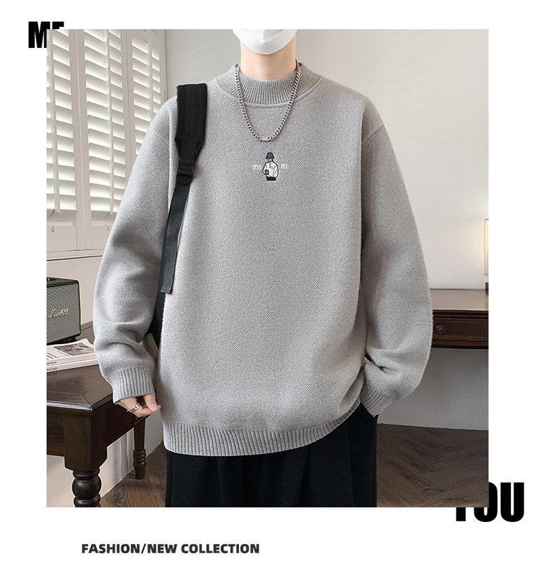 KM1023 Winter Plus Velvet High Neck Embroidered Men's Sweater - Thickened Base Layer Knitwear.