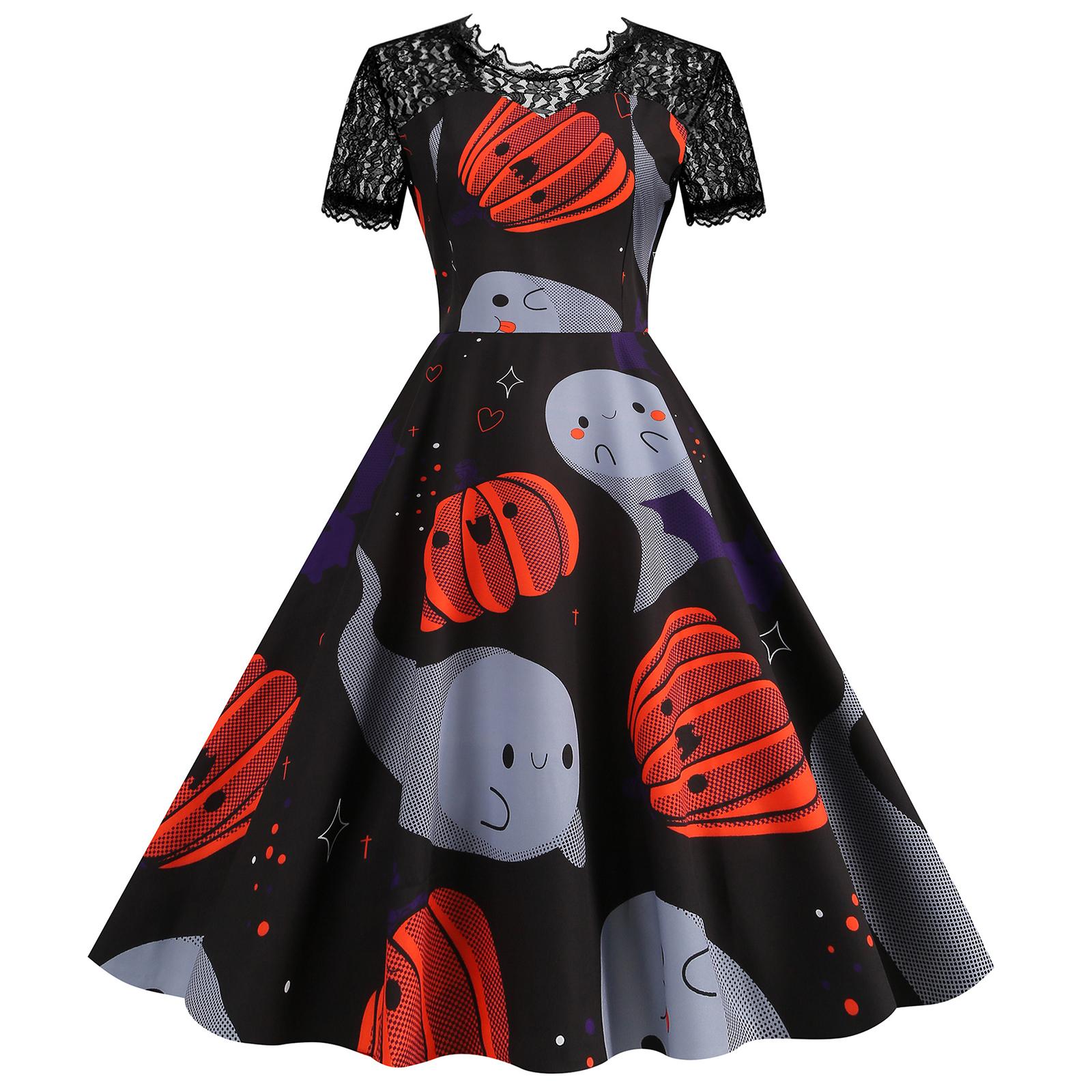 

Женское платье в стиле ретро Хепберн с кружевом, круглым вырезом и короткими рукавами, с принтом на Хэллоуин XXL тёмно-синий