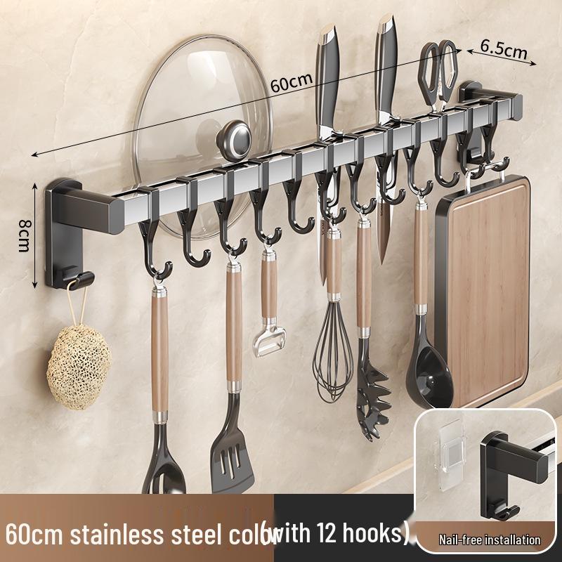 Black Traceless Adhesive Kitchen Storage Rack: Punch-Free Wall-Mounted Pot Lid, Knife Holder, Multi-Functional Hooks