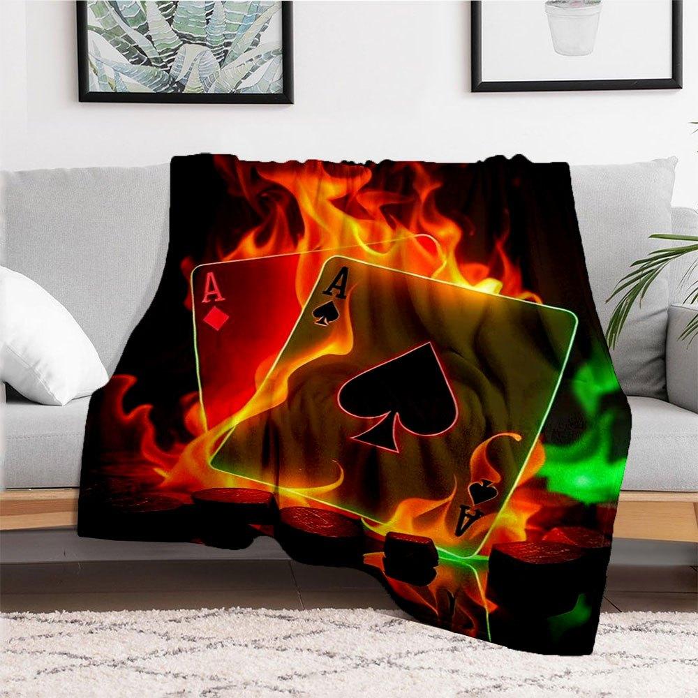 "Flaming Ace Playing Cards - Luxury Casino Deck with Fiery Design"Blanket Flannel Throw Blanket for Sofa, Bed, Travel, Camping, Office