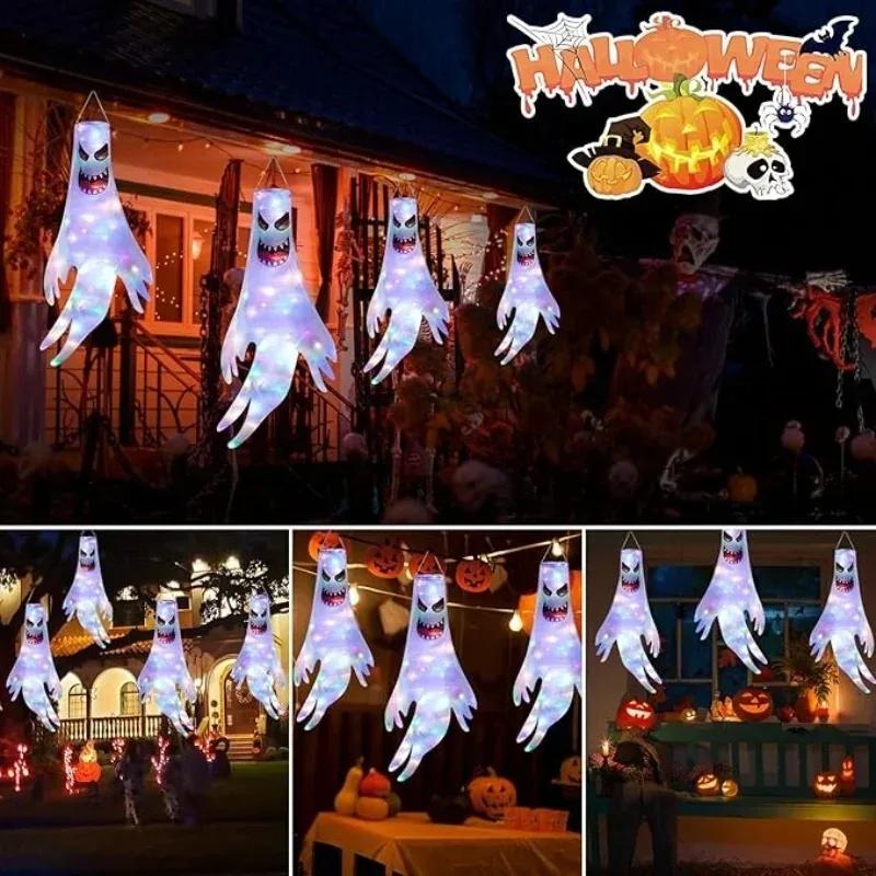1-4PCS Halloween LED Glowing Ghost Hanging Decoration Floating Figure Prop for Outdoor Yard Haunted House Party Scene