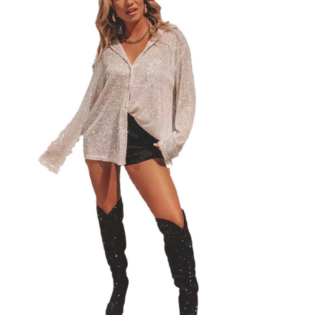 2025 Autumn European and American Women's Sequin Long-Sleeve Lapel Casual Shirt