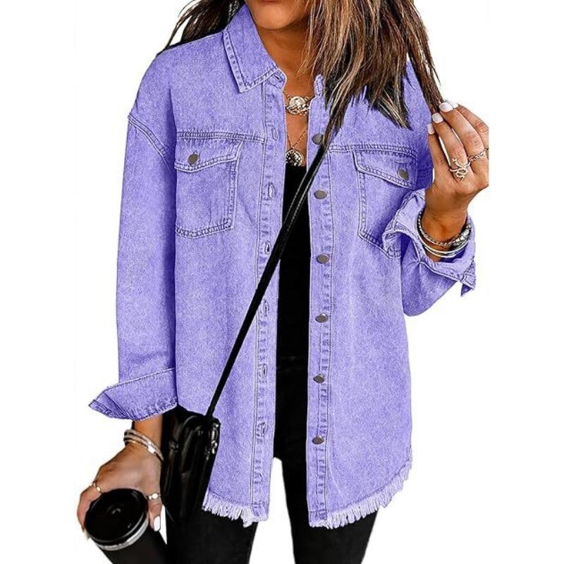 Frayed Edge Denim Loose Casual Long Sleeve Shirt Outerwear