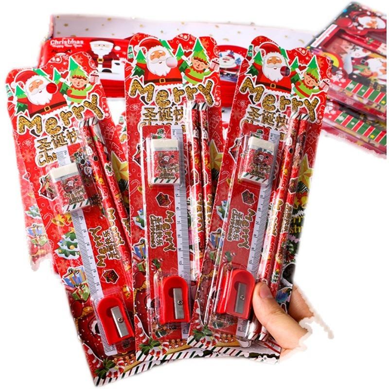 Schreibwarenset, Bleistift, Lineal, Radiergummi, Anspitzer-Set im Cartoon-Geschenkpaket, Weihnachtsgeschenke für Kinder, Kindergartenpreise