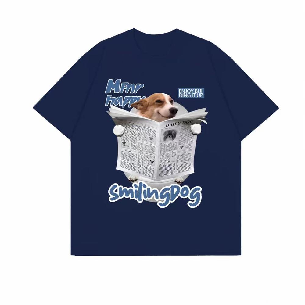 Retro Street-Style Dog-Print T-Shirt For Men And Women Made Of Cotton Featuring Loose Short Sleeves And Suitable For Summer