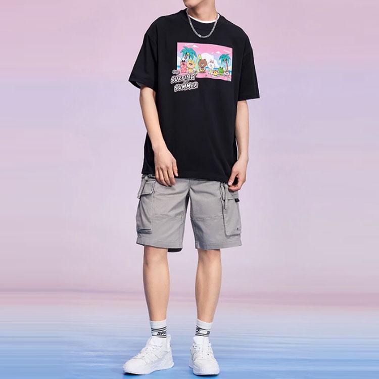 Li Ning Sports Fashion Series X Line Friends Cartoon Pattern Print Loose Short Sleeve T-Shirt Unisex Tops Black AHSR904-3