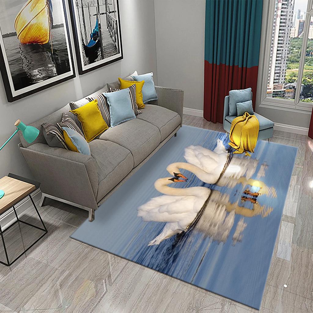 3D Cute White Swan Carpet Romantic Area Rug for Kids Bedroom Living Room Bathroom Non-Slip Soft Carpet Animal Doormat Home Decor